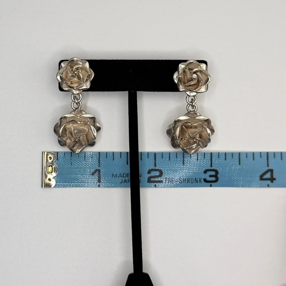 VTG Mexican Sterling Silver Rose Dangling Earrings and Pendant. - Picture 9 of 14